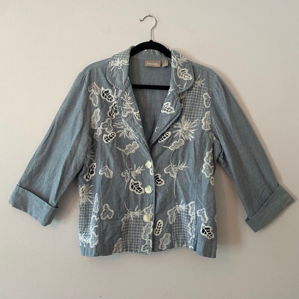 Chico's Jean Embroidered Lightweight Jacket Boho Western Women's size 2 / Large